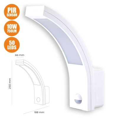 Luz LED curva branca de parede com sensor PIR e especificações técnicas