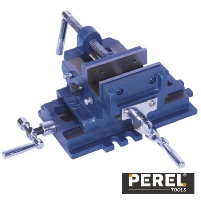 Prensa de torno azul com alavancas cromadas e logotipo PEREL TOOLS