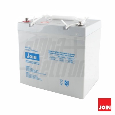 Bateria recarregável branca 12V JOIN com texto azul e pega de corda