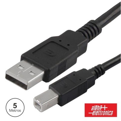 Cabo USB preto com conetores tipo A e B e indicação de 5 metros