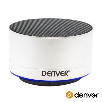 Coluna de som portátil branca com topo preto e anel azul da marca Denver