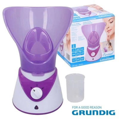 Vaporizador facial Grundig branco e roxo com embalagem e copo medidor