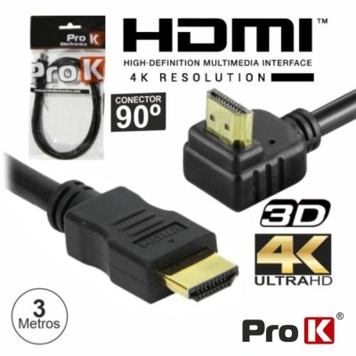 Cabo HDMI preto Pro K com conetor de 90 graus e suporte 4K Ultra HD 3D