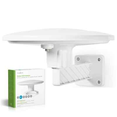 Antena exterior HDTV branca com suporte de montagem e caixa do produto
