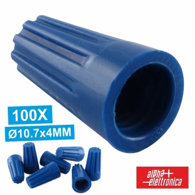 Conector elétrico azul cónico com ranhuras e texto '100X Ø10.7x4MM'