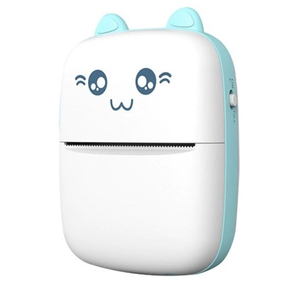 Impressora fotográfica portátil branca e azul clara com rosto de gato e orelhas