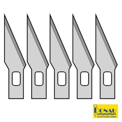 Conjunto de cinco lâminas metálicas afiadas com logótipo DONAU ELEKTRONIK GMBH