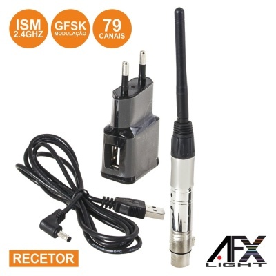 Recetor AFX Light com antena, adaptador e cabo USB num fundo branco com textos laranja