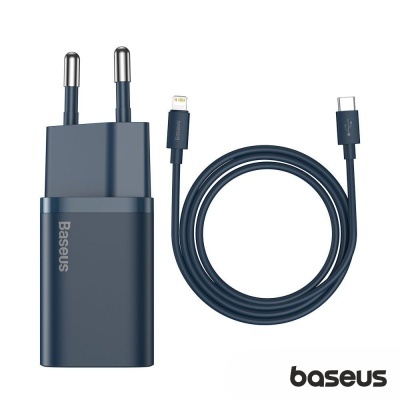 Carregador Baseus azul escuro com cabo USB-C para Lightning e ficha europeia