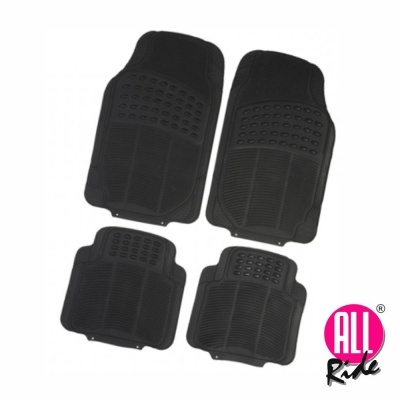 Conjunto de quatro tapetes de borracha preta para carro com texturas antiderrapantes.