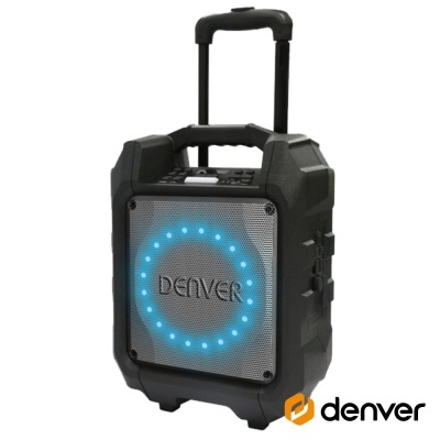 Coluna de som portátil preta Denver com luzes azuis e eixo telescópico