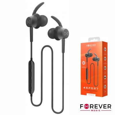 Auriculares desportivos pretos Forever Music 4SPORT com cabo e controlo remoto, embalagem laranja