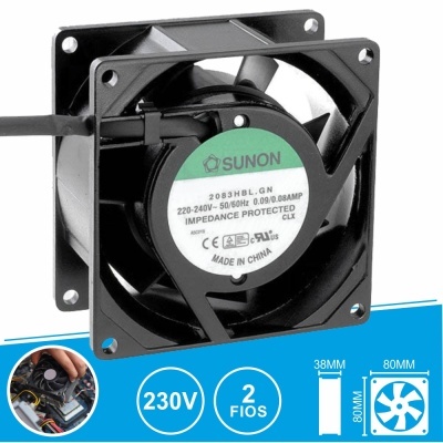 Ventoinha eletrónica preta SUNON 2083HBL.GN com especificações técnicas e dimensões