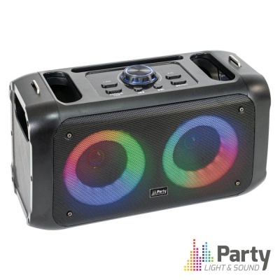 Coluna de som preta portátil com luzes LED coloridas e controlo no topo