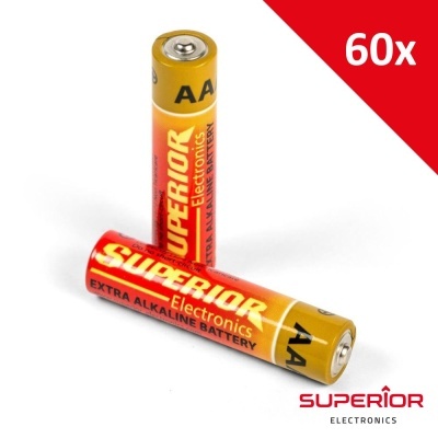 Duas pilhas AA SUPERIOR Electronics em fundo branco com indicação 60x