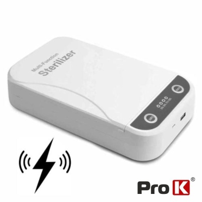 Dispositivo esterilizador branco multi-função com botões e LEDs, símbolo de carregamento sem fios, logótipo Pro K.