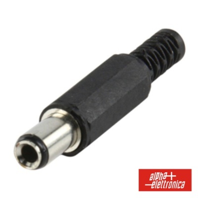 Conector DC preto e metalizado com detalhe em mola