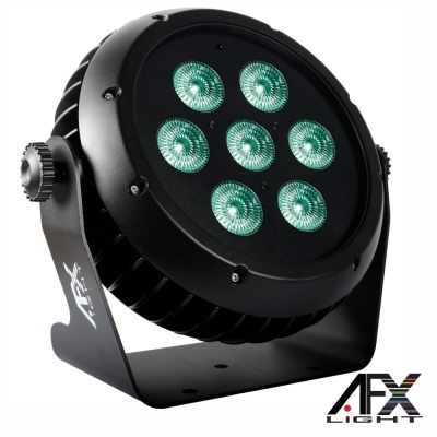 Luz LED circular preta com 7 focos verdes e suporte metálico com logótipo AFX LIGHT