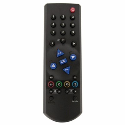 Comando remoto preto com botões numerados e coloridos