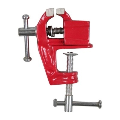 Grampo de mesa vermelho de metal com parafusos prateados