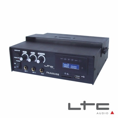 Amplificador de áudio preto LTC PAA60USB com controlos, entradas e display