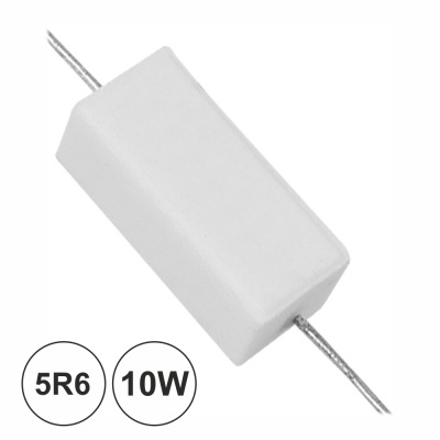 Resistor cerâmico branco com terminais metálicos e texto 5R6 10W