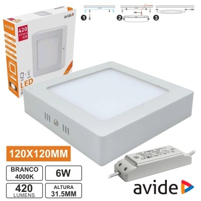 Luz LED quadrada branca Avide 120x120mm 6W 420 lumens 4000K com transformador e embalagem