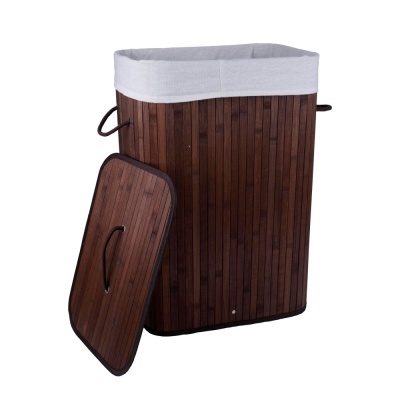 Cesto de roupa de madeira com tampa e forro branco
