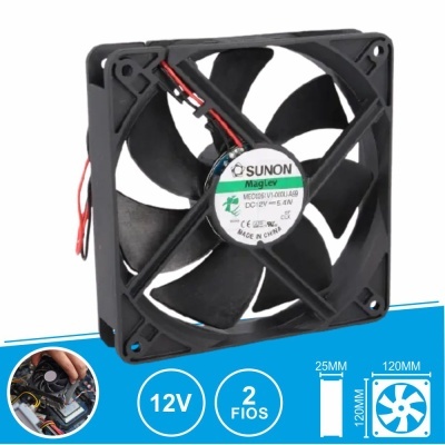 Ventoinha preta 120x120 mm com cabo de 2 fios e etiqueta branca