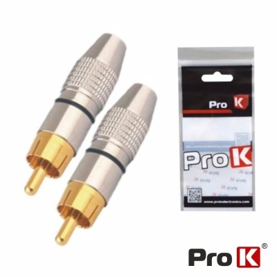 Conectores RCA metálicos Prata e Dourado Pro K com embalagem plástica.