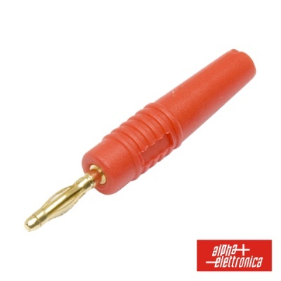 Conector banana vermelho com ponta metálica dourada e logotipo alpha elettronica