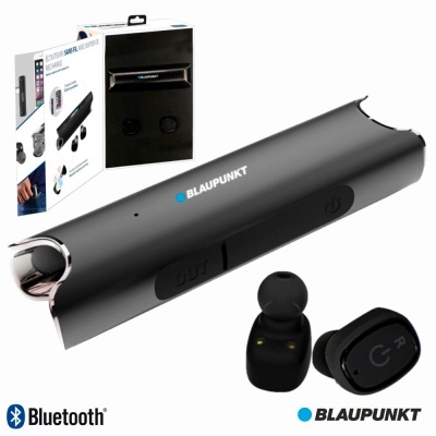 Auscurtadores Bluetooth Blaupunkt pretos com estojo de carregamento e embalagem