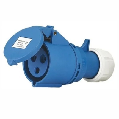 Tomada industrial azul com tampa articulada e três entradas circulares