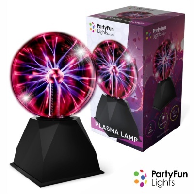Lâmpada plasma vermelha e roxa com base preta e embalagem PartyFun Lights