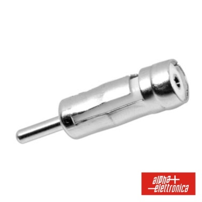 Conector de antena metálico prateado sobre fundo branco com logótipo vermelho