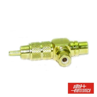 Conector metálico dourado com textura e logótipo alpha + elettronica