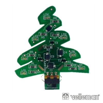 Placa eletrónica verde em forma de árvore de Natal com componentes e texto Velleman.