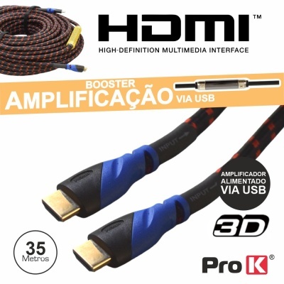 Cabo HDMI trançado com conectores azuis e pretos e texto informativo
