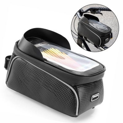 Bolsa preta para bicicleta com visor transparente no topo, textura quadriculada e detalhes cinza claro