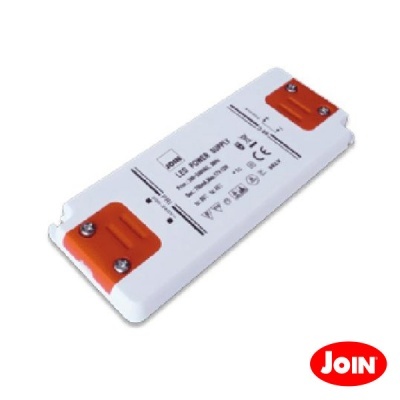 Transformador LED branco com tampas laranjas e texto preto, logótipo vermelho JOIN