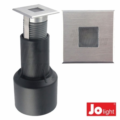 Luz LED embutida quadrada metálica e preta com caixa branca e logótipo Jo light