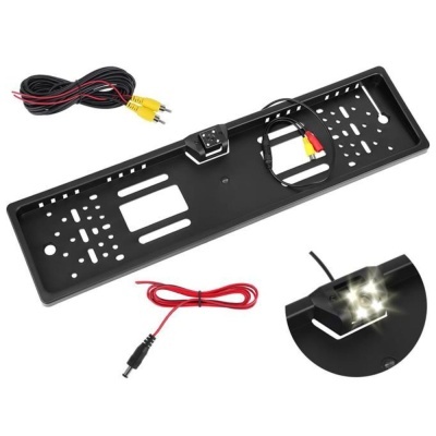 Suporte de matrícula preto com câmara integrada e cabos de conexão para automóvel