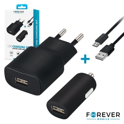 Carregador USB preto com ficha elétrica e cabo USB micro USB junto à embalagem