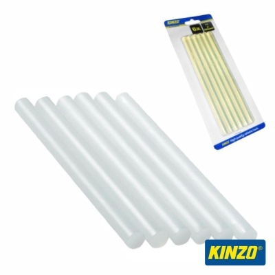 Seis bastões de cola quente brancos da marca KINZO com embalagem