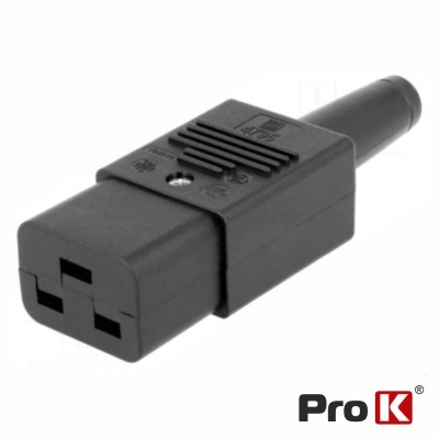 Conector elétrico preto com três entradas retangulares e logótipo Pro K
