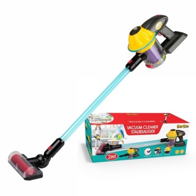 aspirador de pó sem fio amarelo, roxo e preto com tubo azul claro e caixa