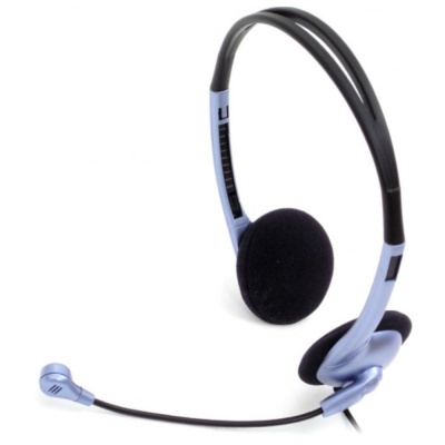 Auricular com microfone azul e preto sobre fundo branco