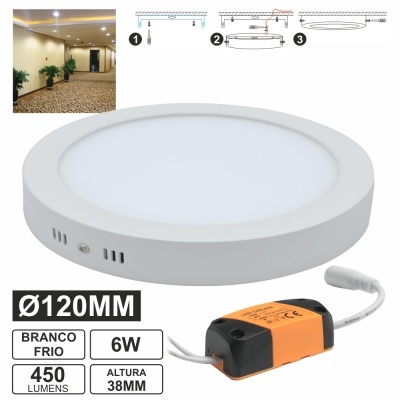 Luz de teto LED redonda branca com driver e diagrama de instalação