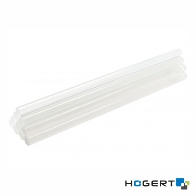 Cinco bastões transparentes de cola quente alinhados em fundo branco com logo HÖGERT