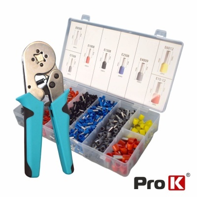 Conjunto de terminais elétricos coloridos com alicate e caixa transparente